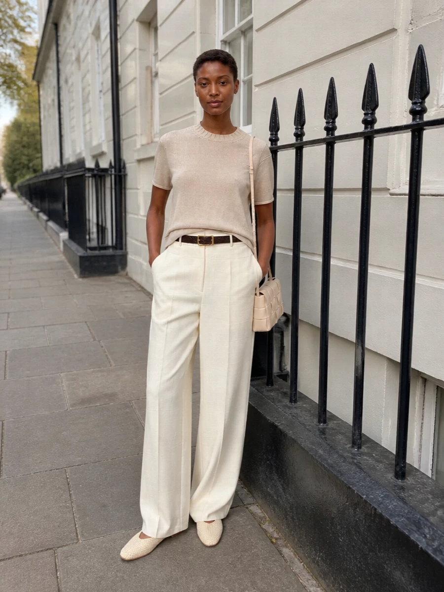 A column of warm neutrals keeps the focus on line and proportion, pairing the boxy knit with long, sculpted wide-leg trousers for a calm, elongated silhouette. Buttercream accessories keep everything in the same hushed family, while the dark chocolate belt adds just enough definition to read considered rather than plain. It is polished enough for a client lunch yet relaxed enough for a long day in the city.