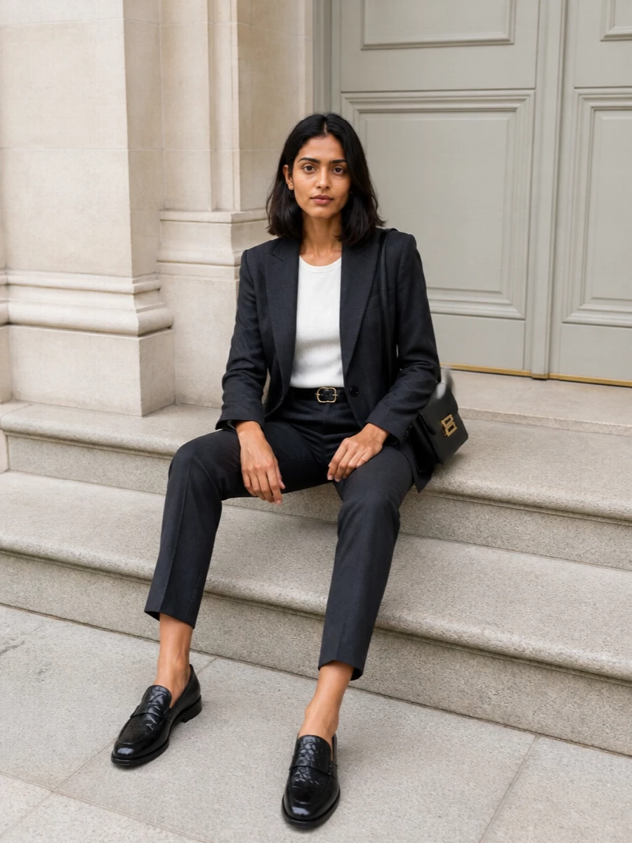 Victoria beckham charcoal suit bottega loafers