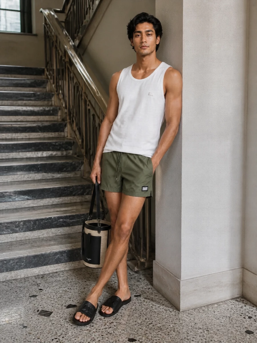 Dolce gabbana olive swim shorts white tank slides