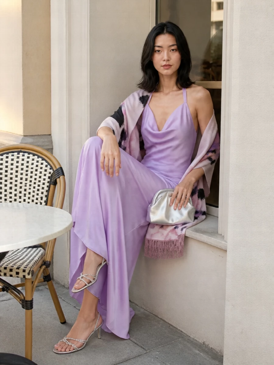 Soft lilac silk and cool silver accents create a refined evening story that feels romantic but uncluttered. Barely-there crystal sandals and a sculpted metallic clutch catch the light without overwhelming the clean halter line. A whisper of blush and lilac in the scarf ties the palette together for summer weddings, galas or destination dinners.
