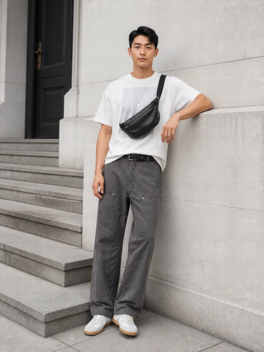 A boxy graphic tee drops into stone-grey wide-leg trousers, keeping the line loose and easy while staying in a tight, technical-leaning neutral palette. Off-white and grey gum-sole sneakers echo the softness up top, while a padded black crossbody and precise belt add just enough structure to keep it feeling considered rather than slouchy. It is a calm, Margiela-inflected street uniform that reads art-student minimal more than hype-driven.