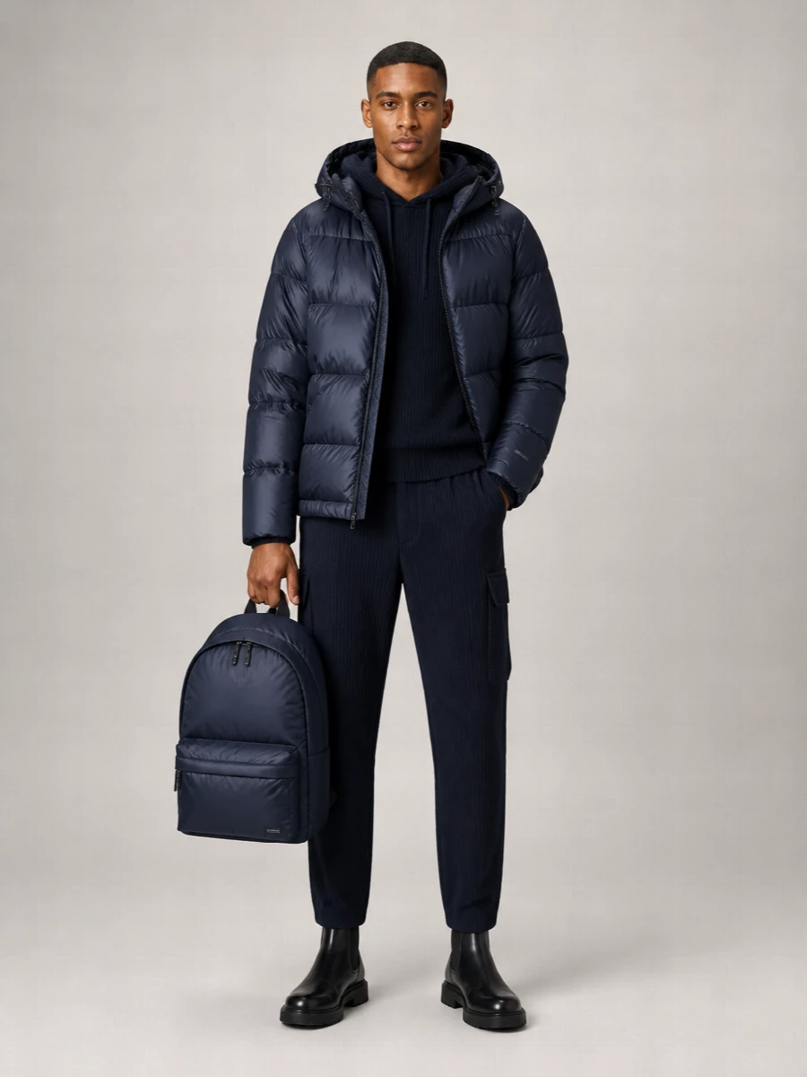 A navy-on-navy base keeps this winter outfit calm and grounded, with subtle texture shifts between padded shell, ribbed knit and plush jogger. Black leather Chelseas and a padded technical backpack sharpen the mood, taking it from weekend errand run to relaxed office commute without breaking the minimalist line.