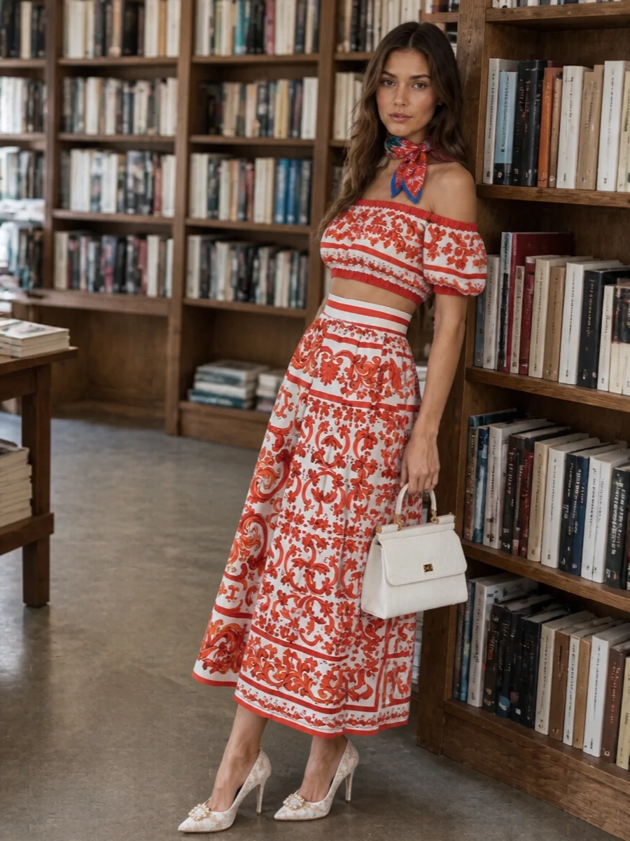 Dolce gabbana red baroque crop top midi skirt