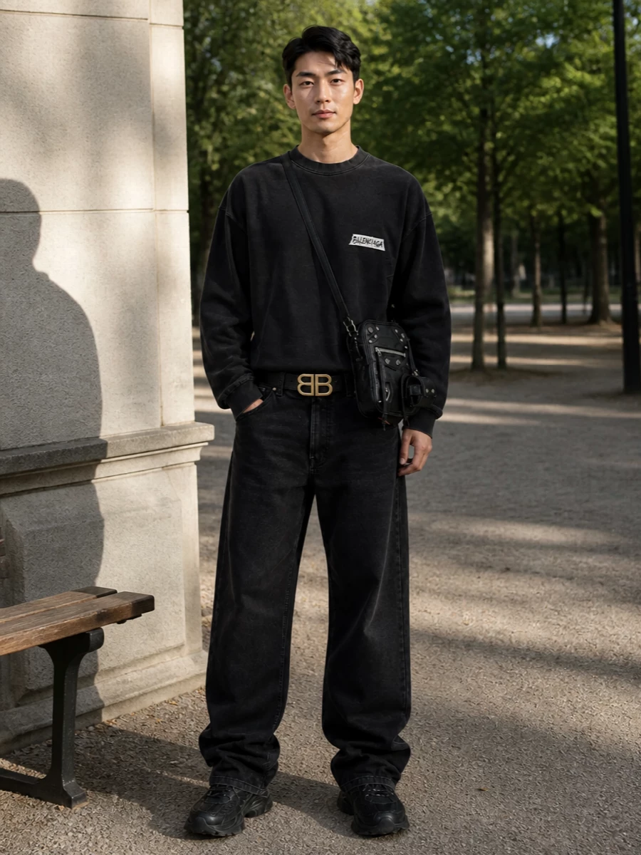 Balenciaga black denim technical sneaker outfit