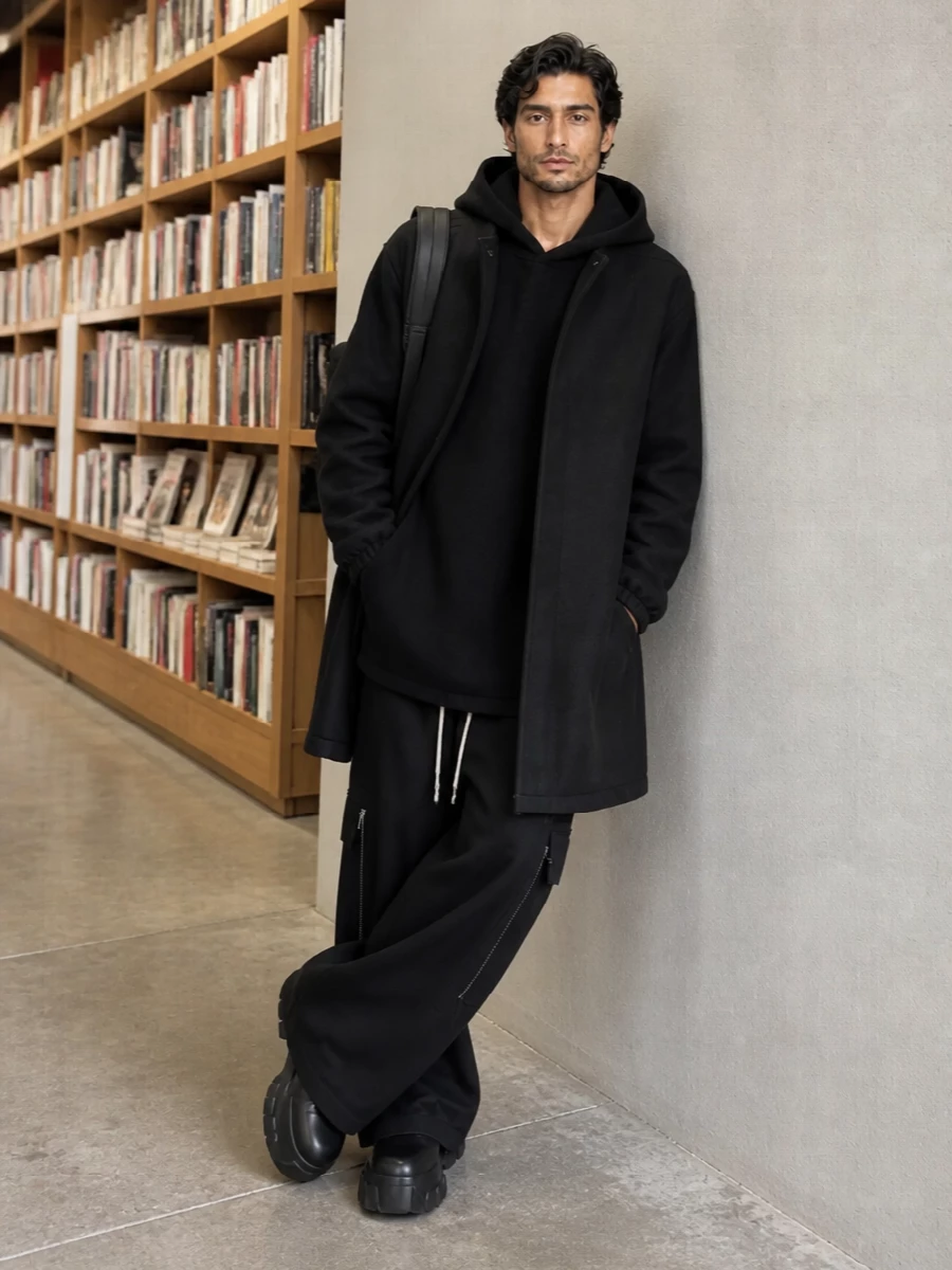 Rick owens black coat wide cargo pants outfit