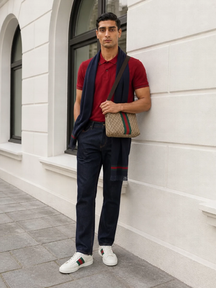 Gucci burgundy polo dark denim ace sneakers