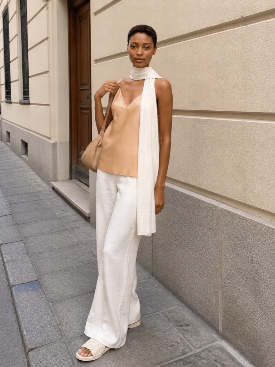 A soft column of ivory and champagne creates a calm, elongated line that feels relaxed yet precise. The satin camisole brings a subtle glow against the airy wide-leg trouser, while cream slides and a nude shoulder bag keep everything light, tactile and quietly refined. It is an easy warm-weather outfit that moves smoothly from slow mornings to low-key dinners with just a change of jewelry or lip color.