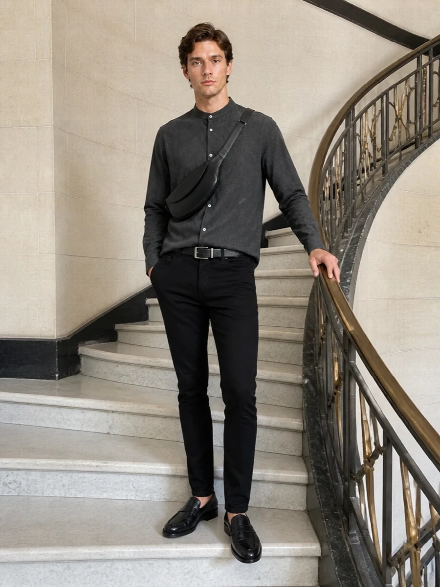 A charcoal Jacquemus mandarin-collar shirt sharpens Jacob Cohen’s slim black trouser into a modern, monochrome uniform. Sleek black Tod’s loafers keep the line refined without feeling formal, while a sculptural Jil Sander shoulder bag and a precise Montblanc belt add subtle structure. The result is a quietly confident city outfit that moves easily from daytime meetings to late dinners.
