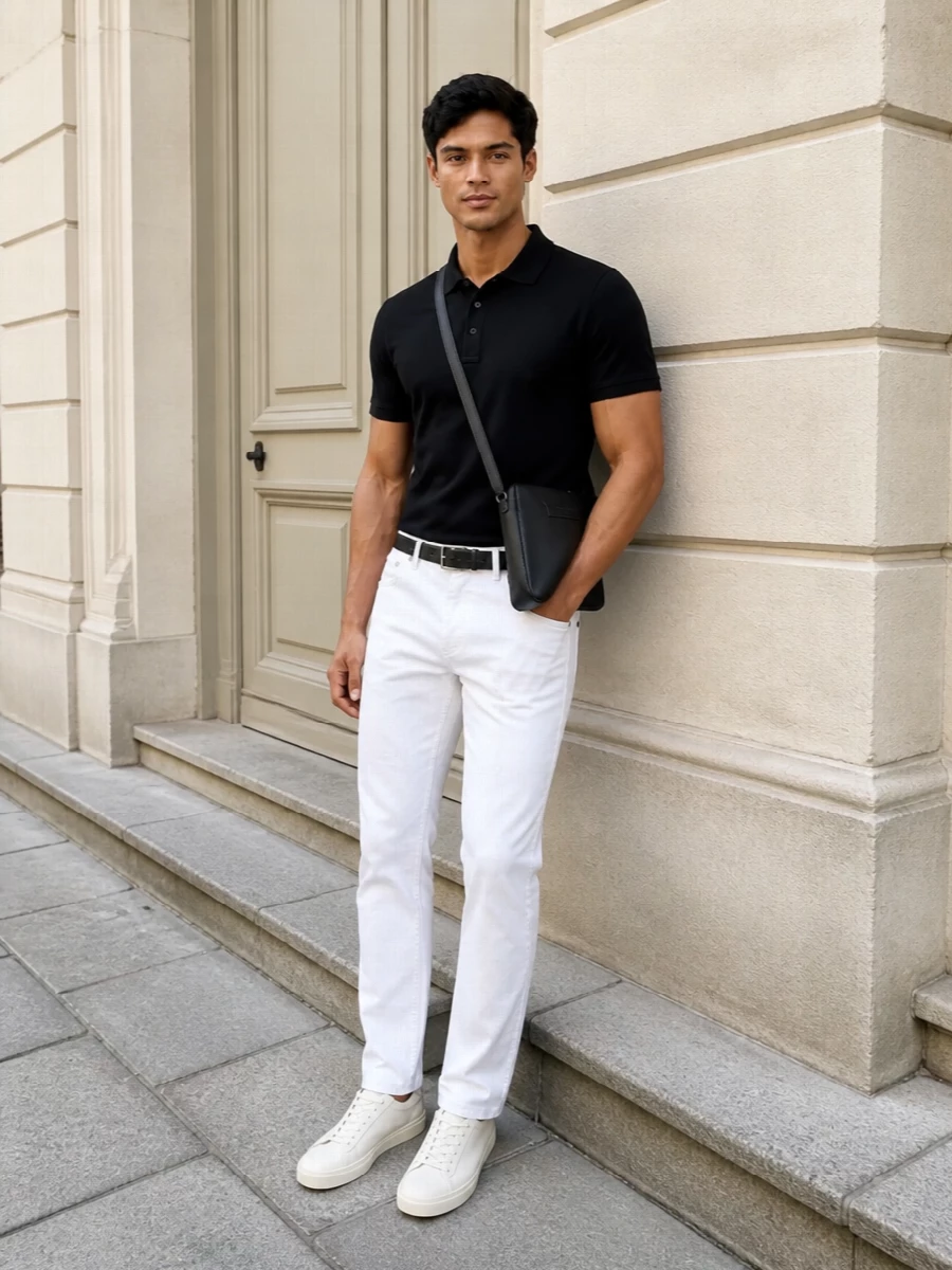 Emporio armani black polo white jeans outfit