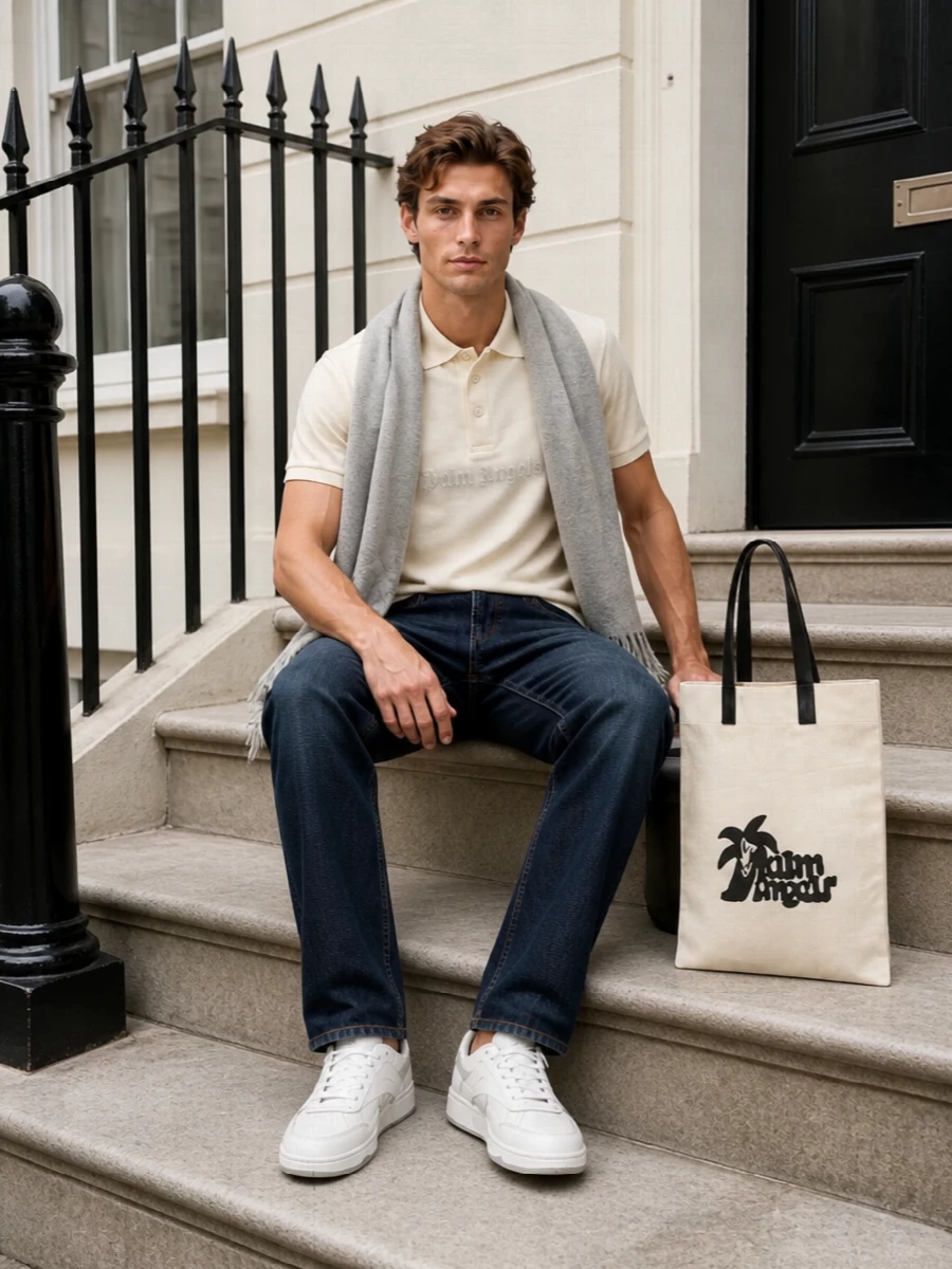 Palm angels polo dark denim off white sneakers