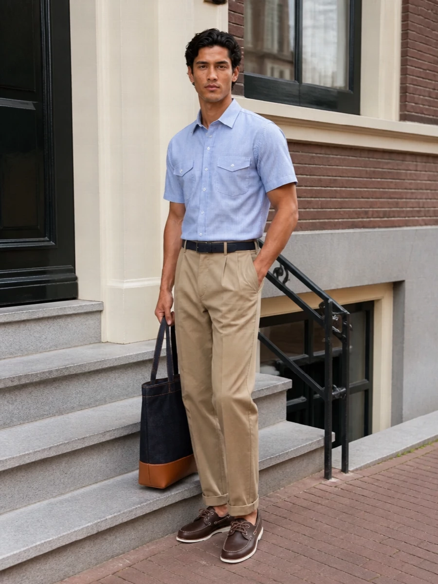 Beams plus striped shirt pleated khaki trousers
