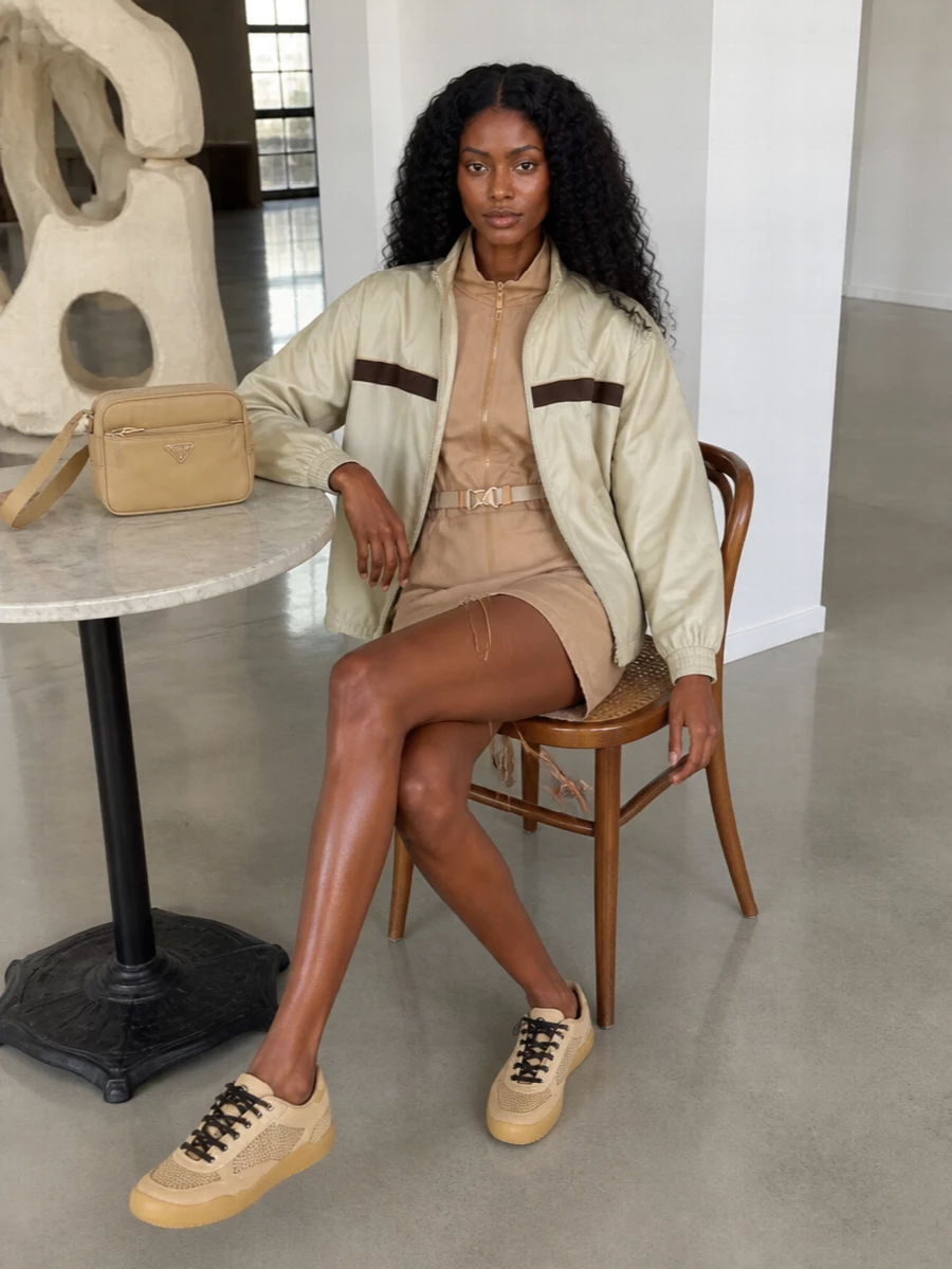 Prada beige utility dress nylon jacket outfit