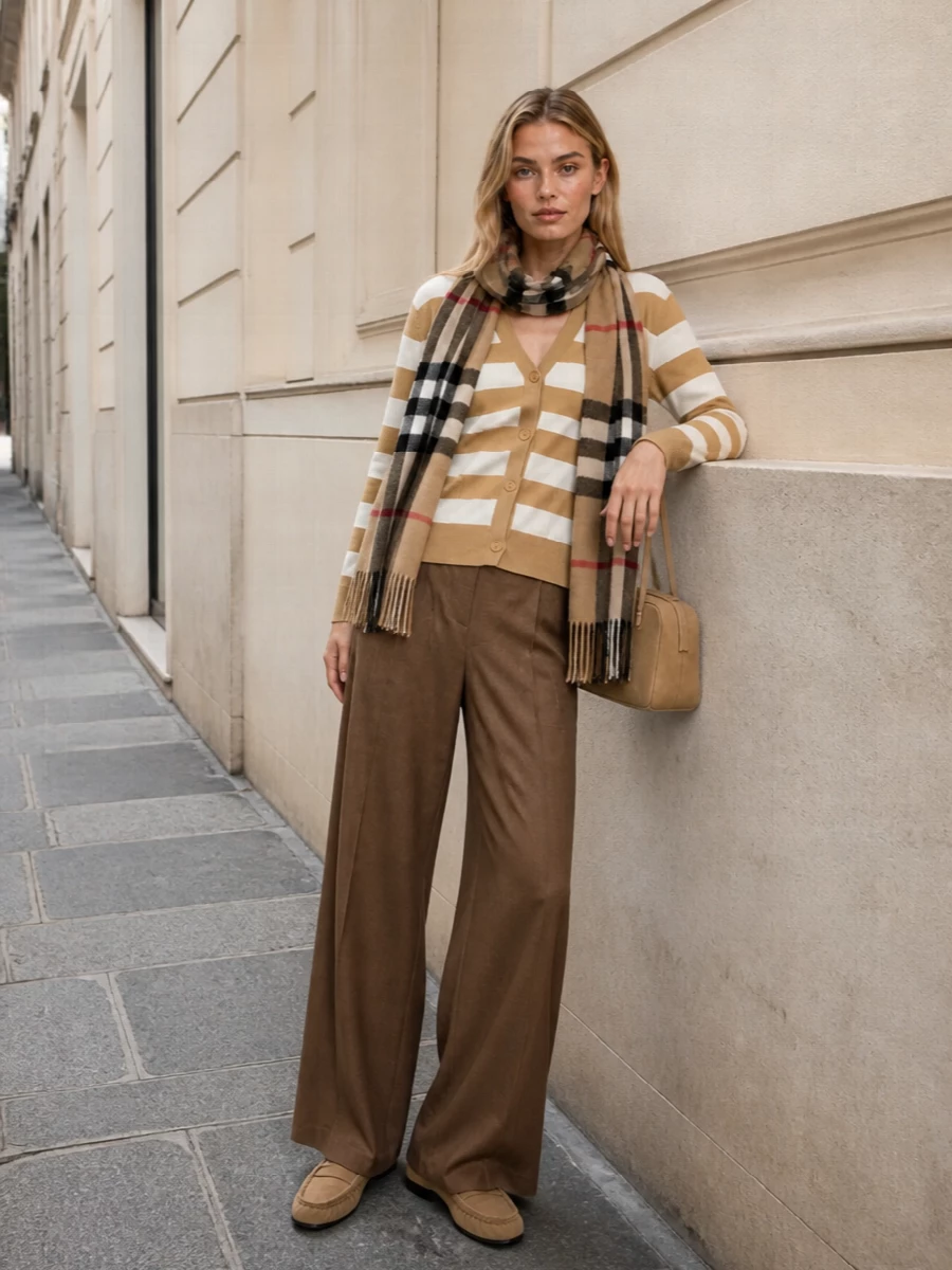 Max mara camel trousers striped cardigan outfit