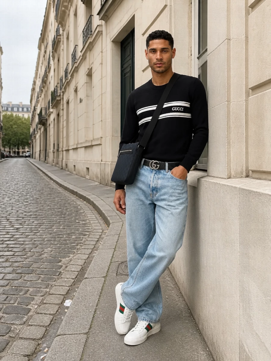 Gucci light wash jeans black sweater sneakers