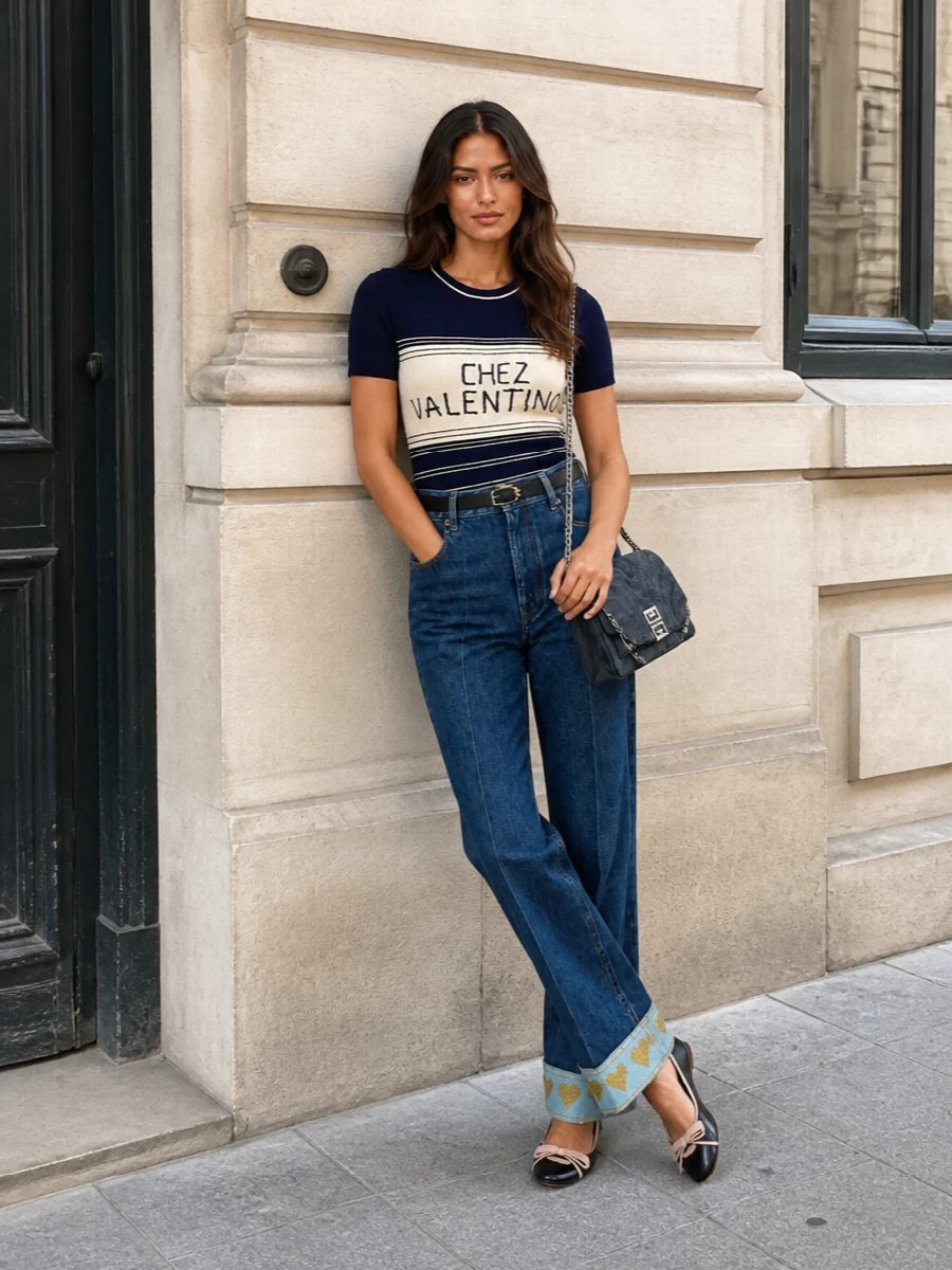 This look leans into a polished denim narrative: the romantic Valentino heart-cuff jeans are paired with a navy-and-buttercream knit tee for a preppy, quietly luxe take on off-duty dressing. Black ballerinas with a blush bow and a slim quilted belt keep the silhouette refined, while the dark-denim Givenchy shoulder bag reinforces the tonal palette and couture-level finish for FW days in the city.
