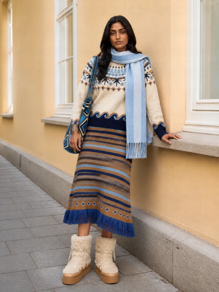 Alanui fair isle sweater striped knit skirt outfit