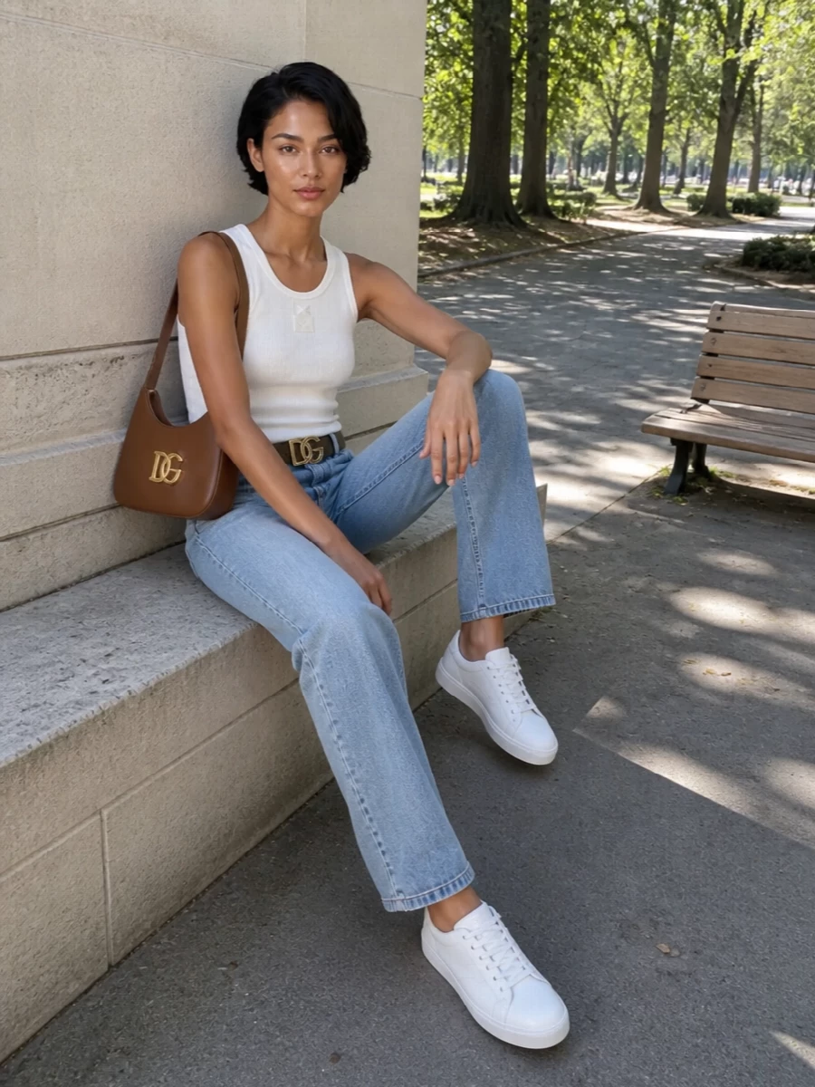 Dolce gabbana white tank light wash jeans outfit