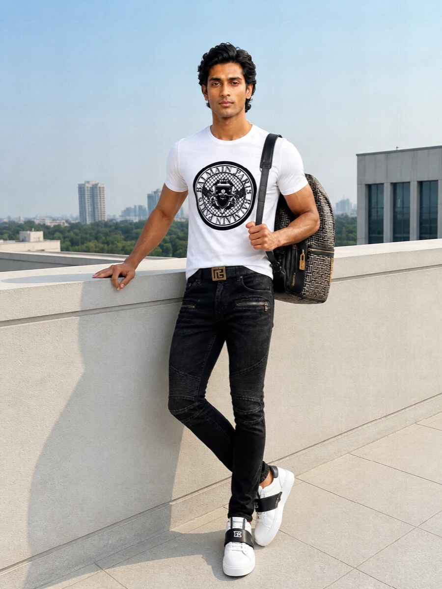 Balmain crest tee black biker jeans outfit