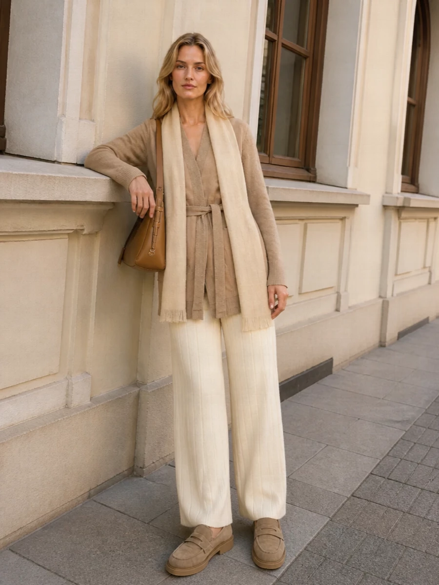 Max mara camel cardigan knit pants prada bag