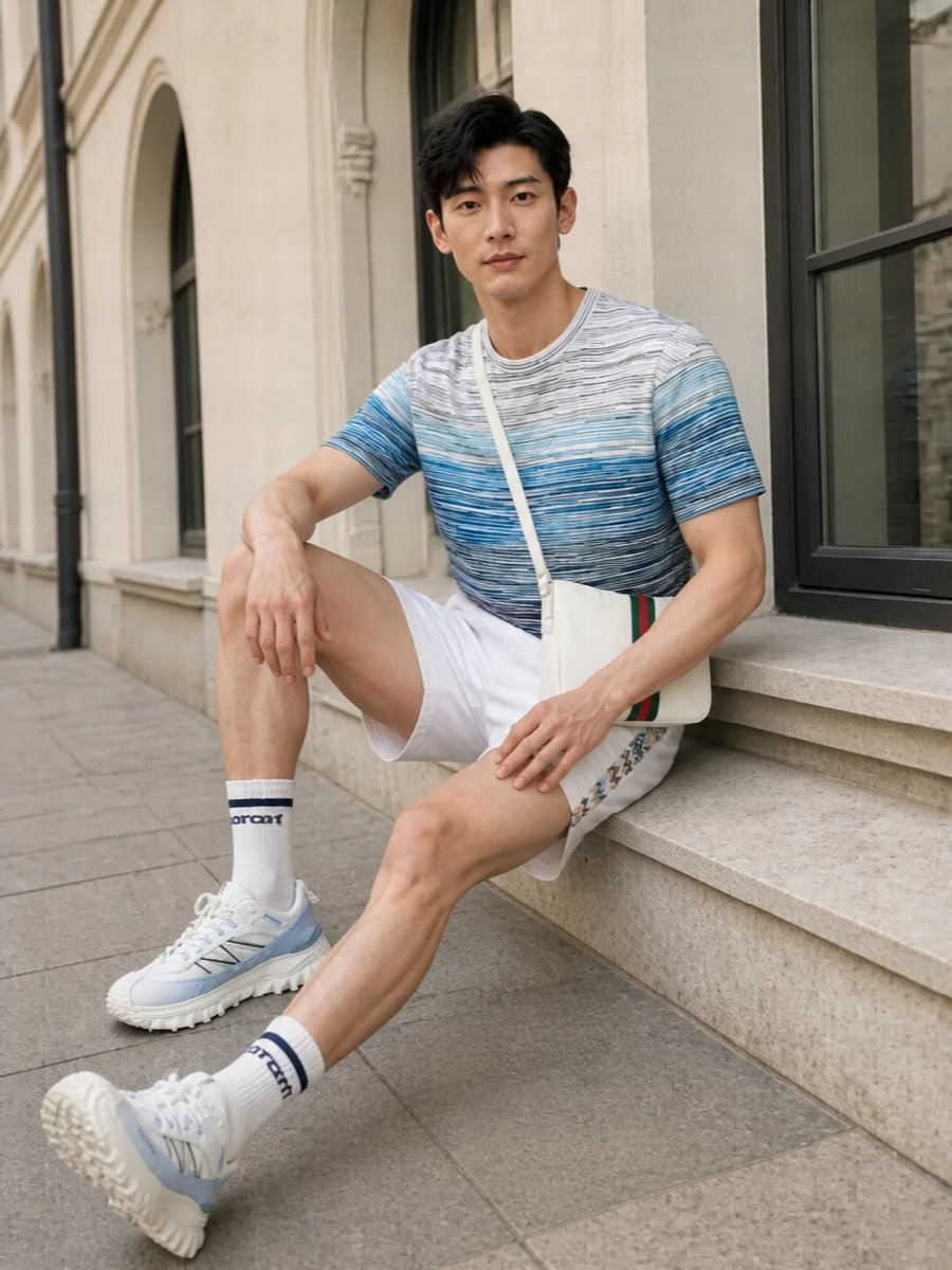 A crisp white Missoni short grounds the outfit while soft gradients of blue across the tee and sneakers keep everything cool and athletic. The Gucci crossbody and striped socks add just enough polish and color discipline so the whole set feels intentional, not over-styled. It is a refined, modern take on sport-preppy that moves easily from city walks to summer dinners outdoors.