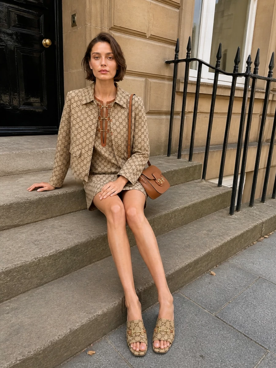 This is a full GG-canvas story, so I am skipping separates and treating the dress as the anchor to keep the monogram strong but controlled. The cropped jacket over the matching mini shift reads like a modern twin set, with canvas mules and a cognac horsebit shoulder bag reinforcing the equestrian thread. It is polished enough for gallery afternoons or smart dinners, but the monogram and clean lines keep a subtle streetwear edge rather than tipping into classic suiting.