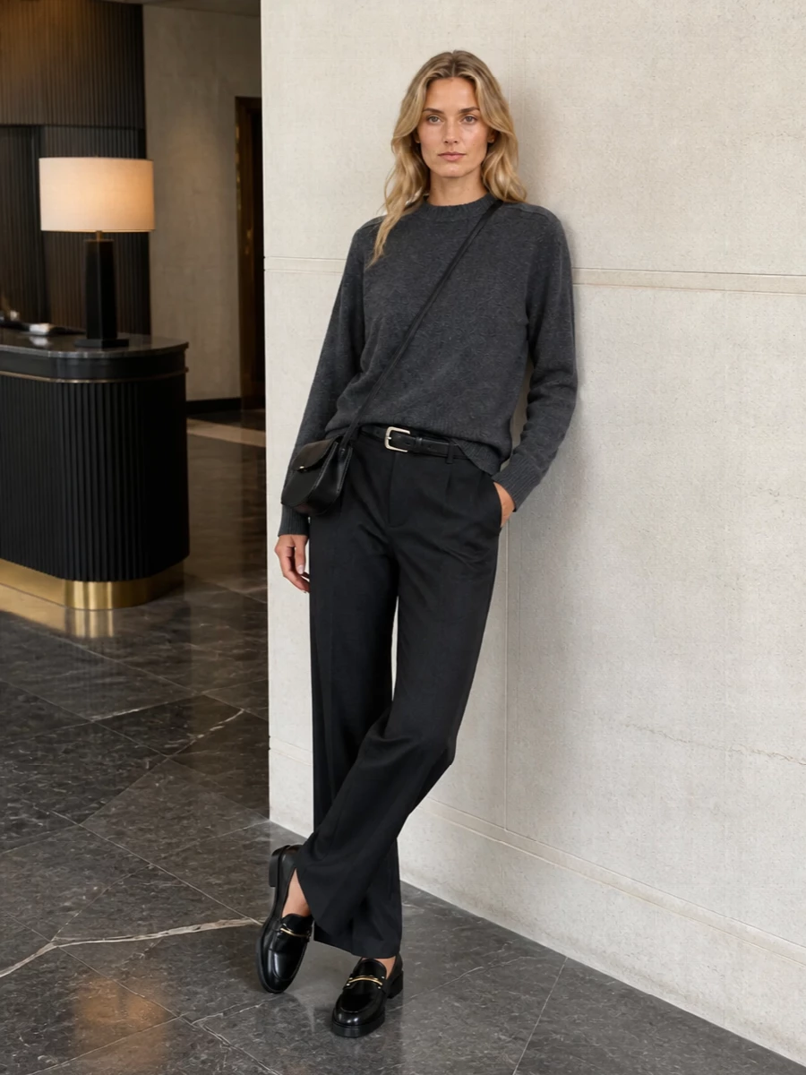 Charcoal-on-charcoal Loulou Studio pieces create a soft, uninterrupted line that feels calm and intentional for cooler days. Black leather accessories sharpen the palette just enough, keeping the mood minimal but not severe. The result is a quietly polished city uniform that moves easily from desk to late afternoon plans without needing a change.
