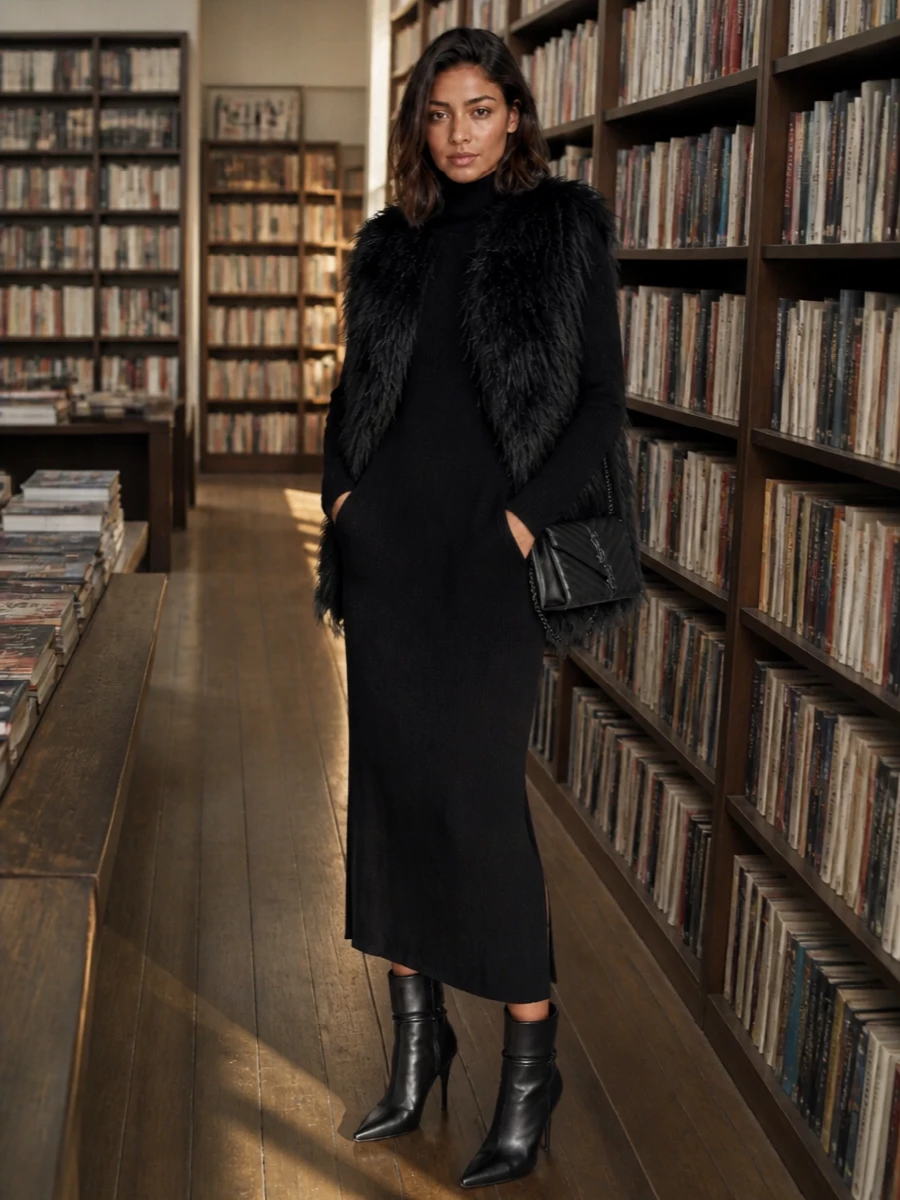 Saint laurent black knit dress yves salomon vest