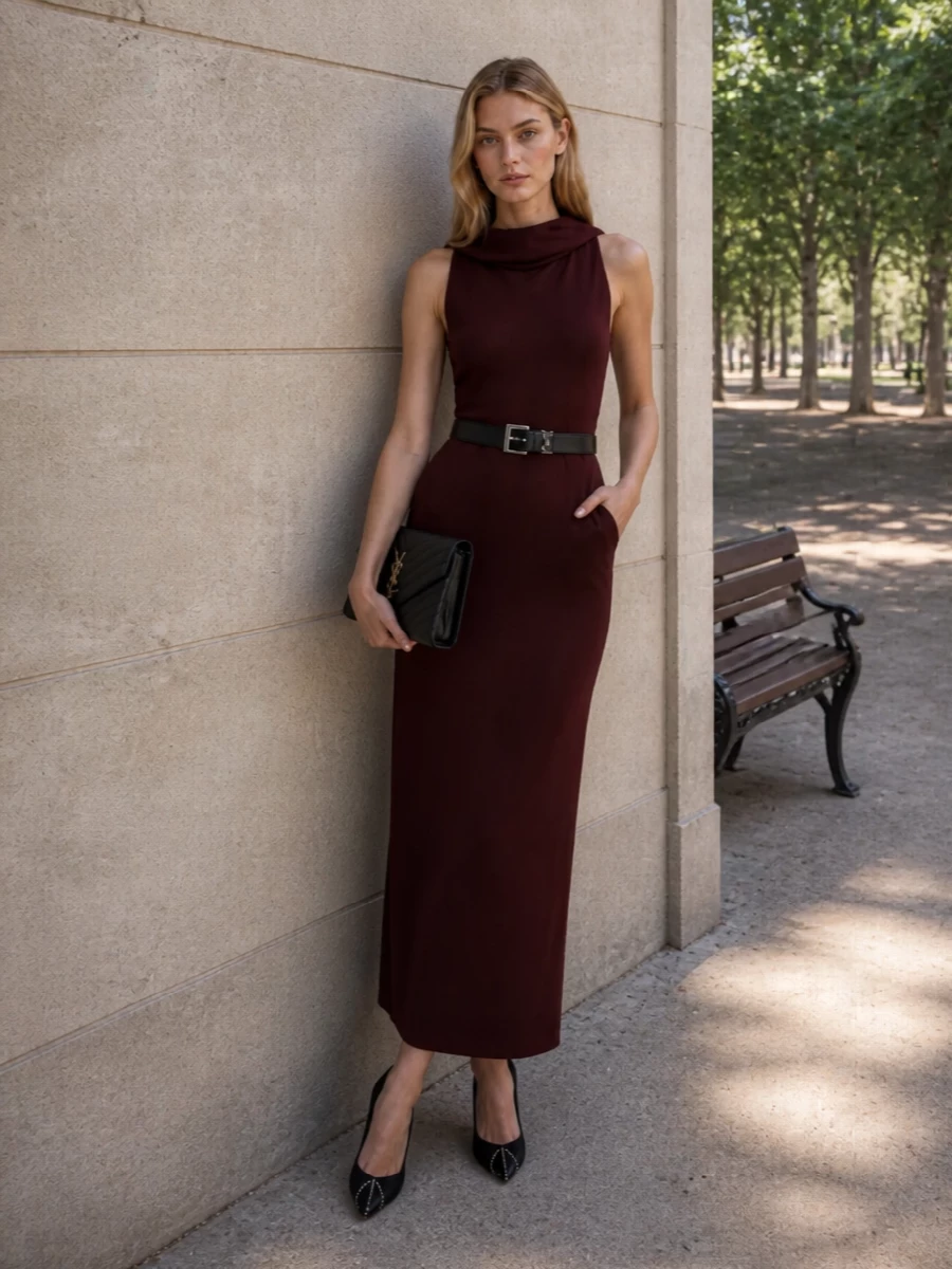 Saint laurent burgundy maxi dress evening outfit