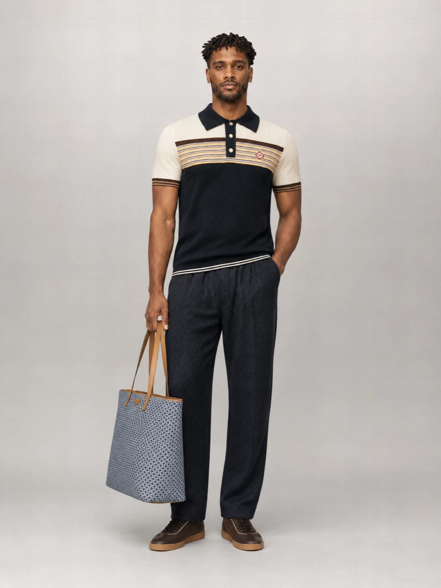 Casablanca Cotton Wool Fine-Knit Striped Short-Sleeve Polo Shirt
