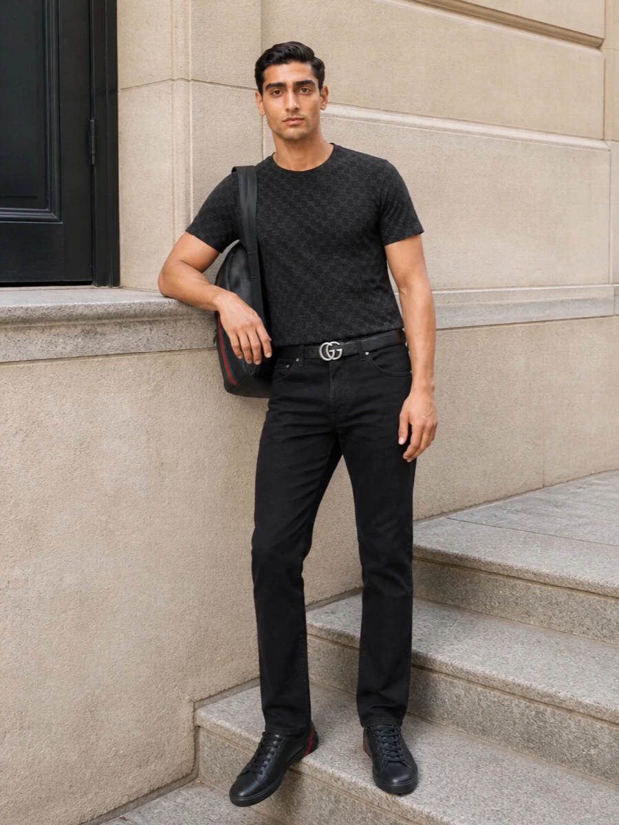 Gucci charcoal monogram tee black jeans outfit