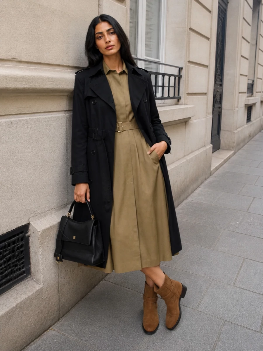 Burberry trench camel midi dress suede boots