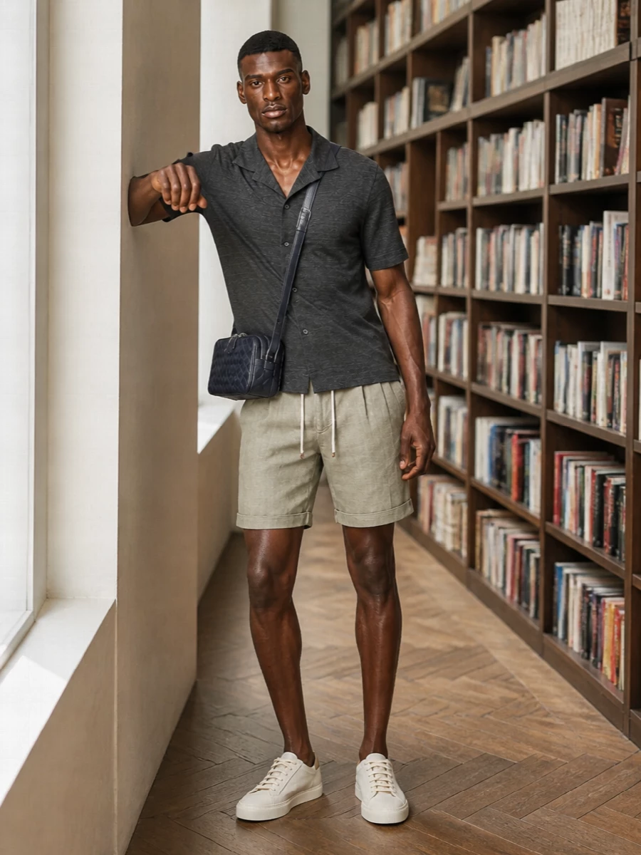 This look leans into Brunello’s quiet summer tailoring: the charcoal camp-collar knit anchors the outfit with a refined ease, while the stone-beige pleated shorts soften the palette and keep the silhouette relaxed but considered. Eggshell-and-sand sneakers keep everything light and modern, and the inky navy crossbody adds a precise, architectural note without disturbing the understated mood.