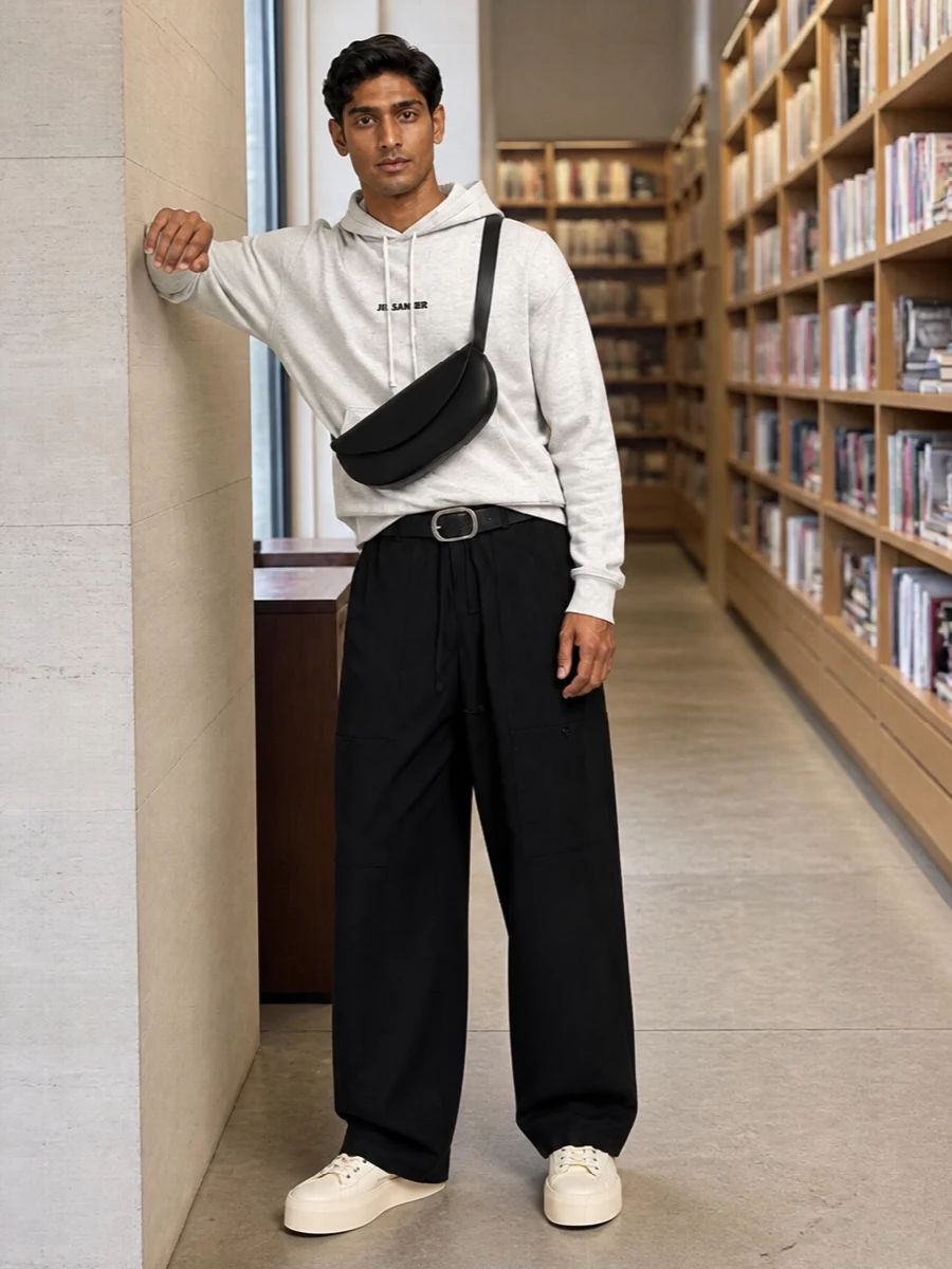 Jil sander grey hoodie black wide leg outfit