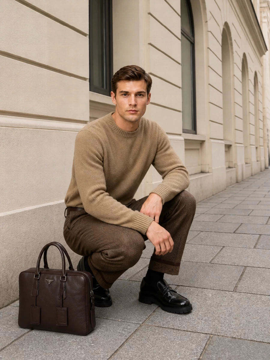 Margiela’s herringbone trouser is paired with a dense camel knit for a warm, tonal take on sharp tailoring. The lug-soled black penny loafers and espresso intrecciato belt give the line real structure without feeling stiff, while the dark chocolate briefcase keeps the whole ensemble firmly in the quietly confident office-to-dinner space. Brown on brown stays interesting here through texture and depth rather than contrast, so everything reads calm, precise and assured.