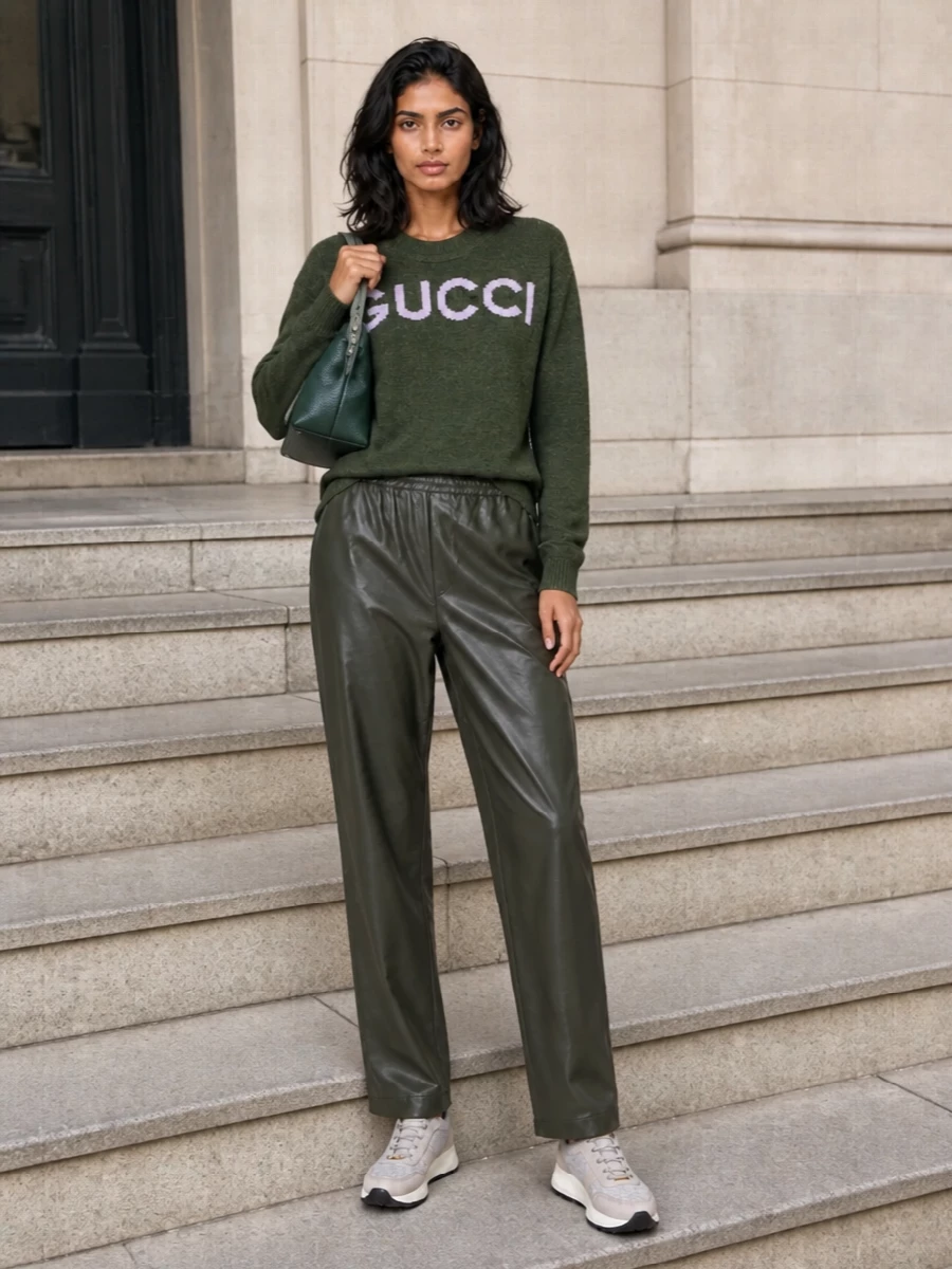 A forest-green logo knit pairs with relaxed dark olive faux leather trousers for a collegiate take on city casual that still feels polished. Soft greige sneakers ground the color-block, while a small forest-green tote quietly picks up the sweater’s tone for a cohesive, low-key statement. The result is cosy, graphic and ready for coffee runs, travel days or off-duty meetings without ever feeling overdone.
