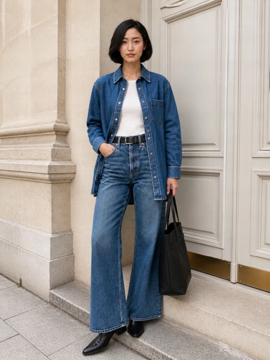 Anine bing denim shirt wide leg jeans outfit