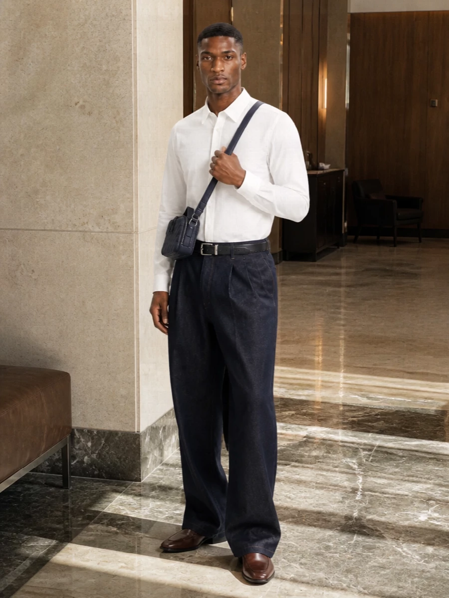 Inky wide-leg denim is sharpened with a precise white shirt and a defined waist, keeping the volume disciplined rather than relaxed. Chestnut loafers and a compact navy crossbody introduce warmth and texture without disturbing the restrained palette. The result is modern city polish that feels directional but still fully wearable from afternoon meetings to late dinners.