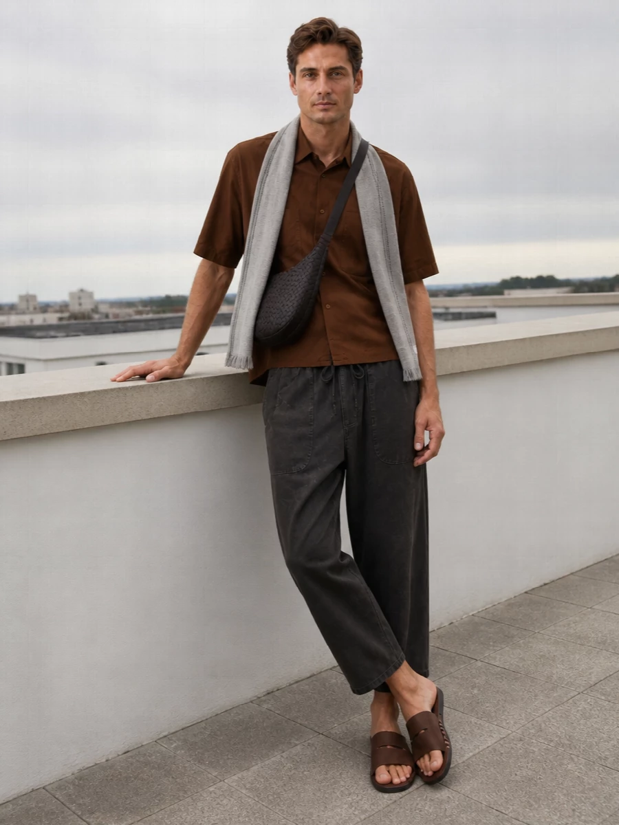 Uma wang brown shirt cropped trousers outfit