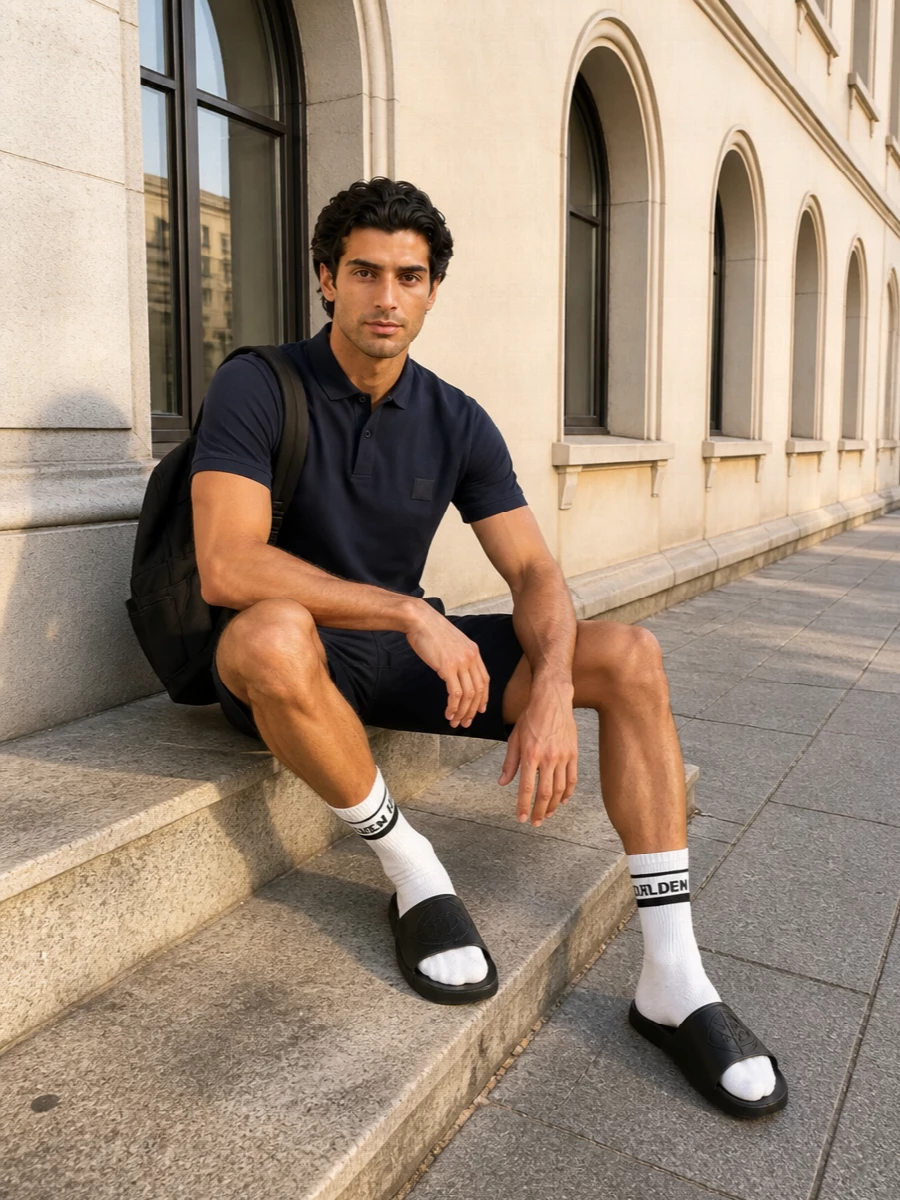 Stone island navy swim shorts polo slides outfit