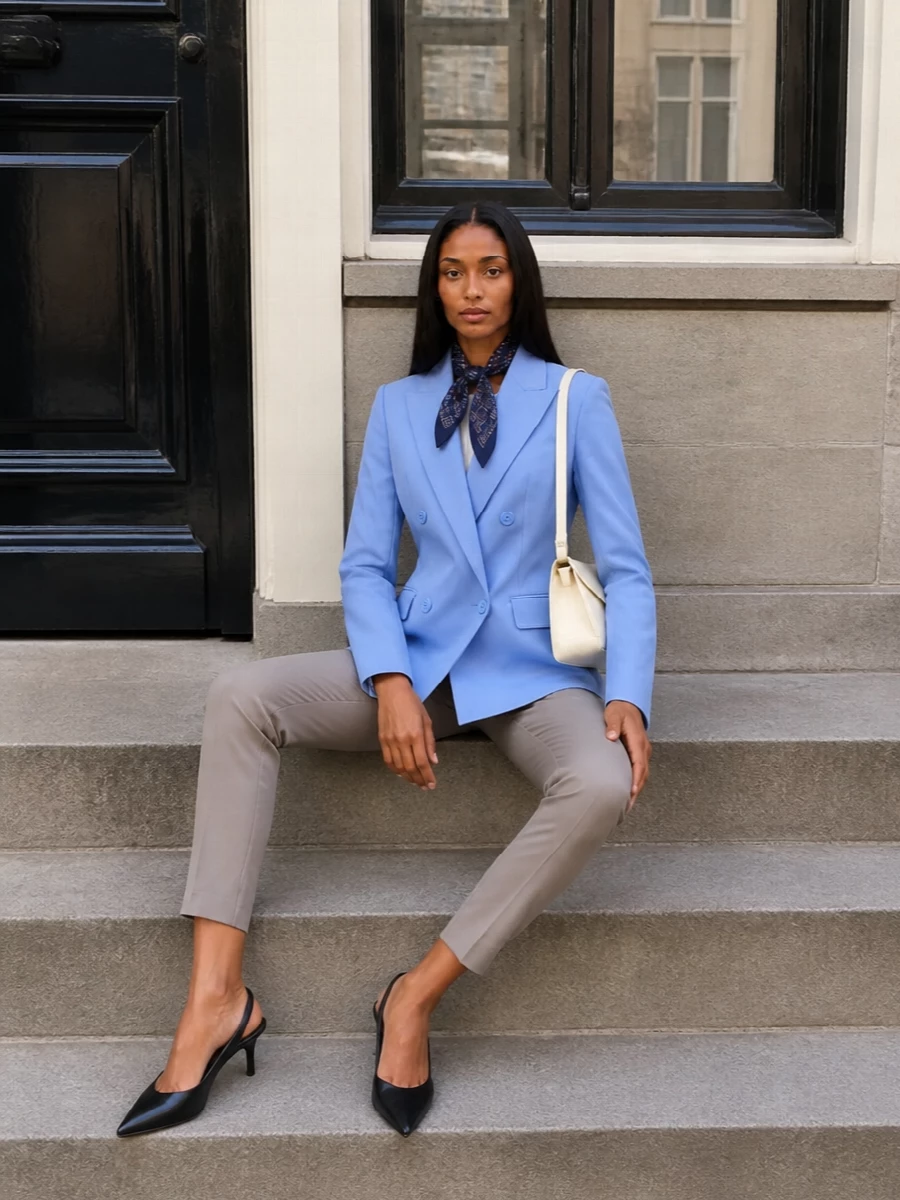 Max mara powder blue blazer taupe trousers