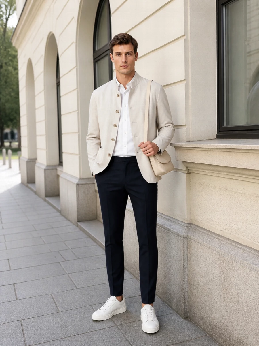 Light beige tailoring over a clean white shirt and deep navy trouser creates a composed, modern Italian palette that feels right from terrace dinner to quiet client drinks. Off-white sneakers relax the formality without breaking the line, and the slim neutral shoulder bag keeps the profile precise rather than corporate. The result is warm-weather tailoring that reads assured, not stiff, with every element speaking the same quiet-luxury language.