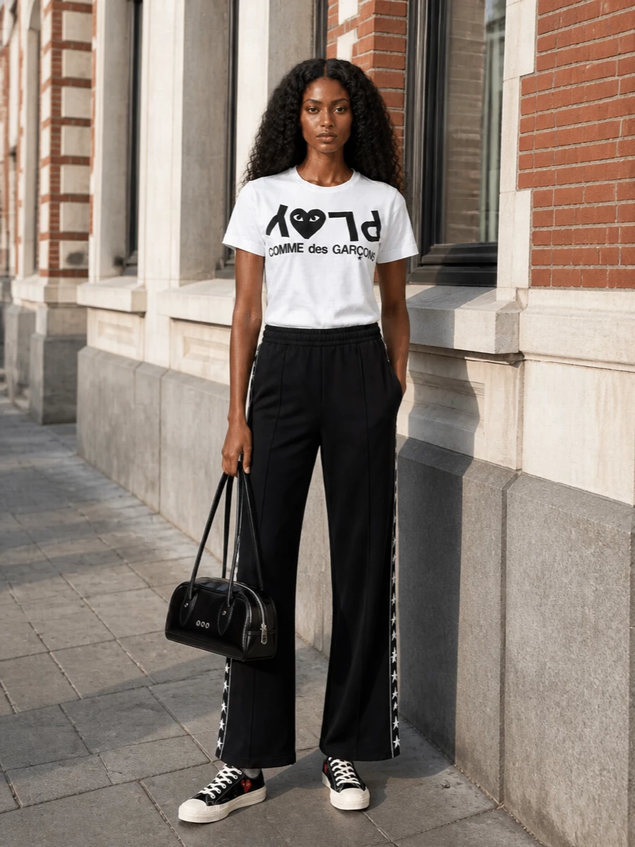 Comme des garcons play tee wide leg track pants