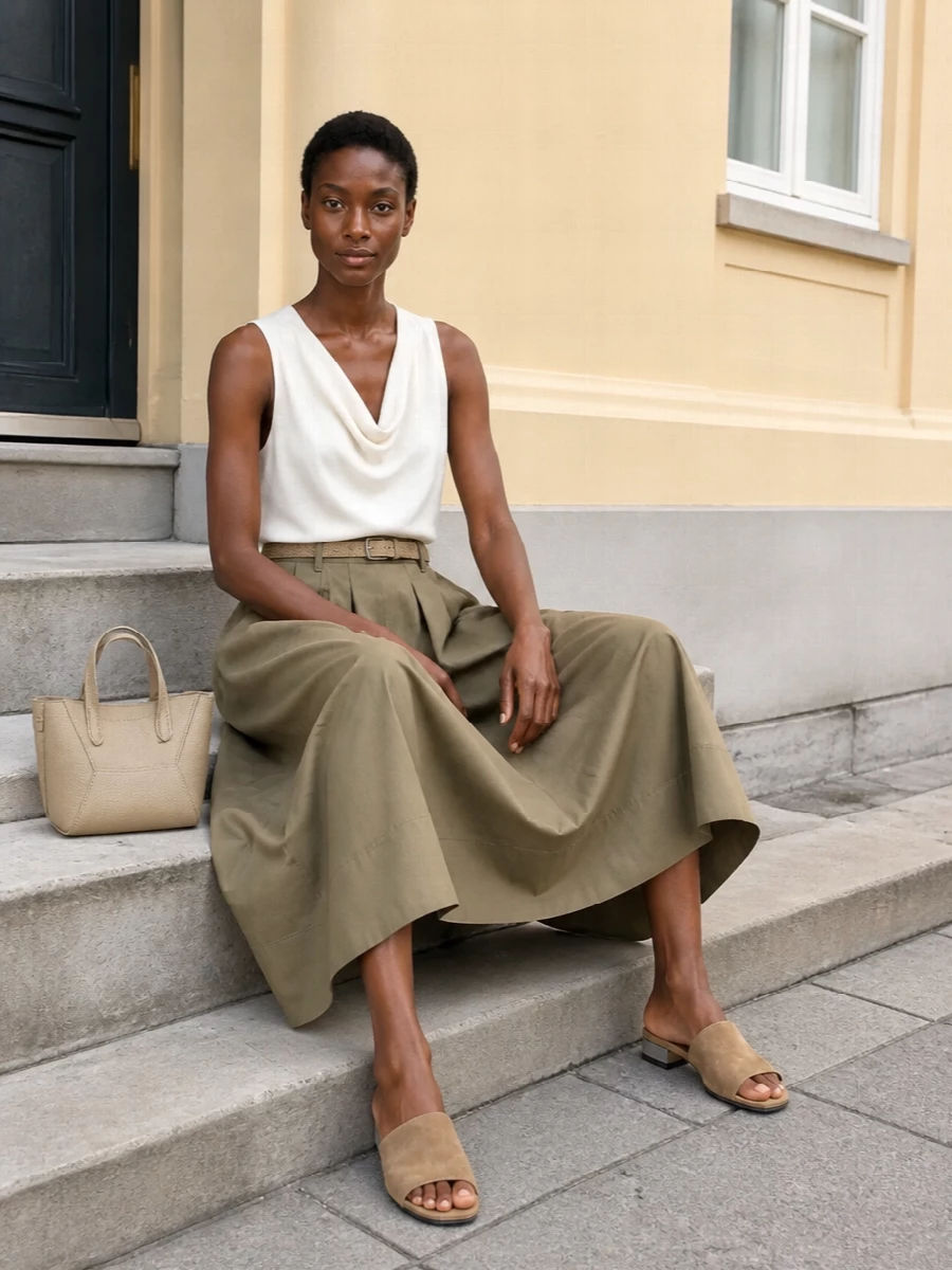 Brunello cucinelli taupe midi skirt outfit