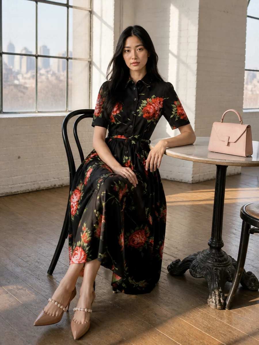 Dolce&Gabbana’s rose-print shirt dress is framed with quietly polished accessories, keeping the romance front and center without tipping into costume. Nude-rose pearls at the foot and a structured powder-pink top-handle read ladylike and city-ready, ideal for garden lunches, daytime weddings or gallery afternoons. The palette stays soft around the bold black ground so the whole ensemble feels composed rather than matchy.