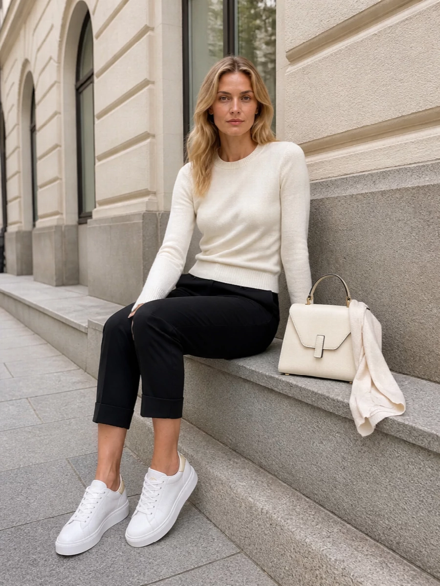 Lanvin ivory sweater black cropped trousers outfit