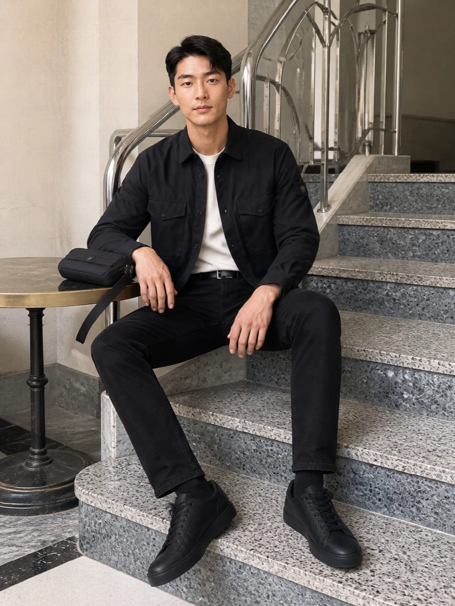 Stone island black jeans utility overshirt outfit