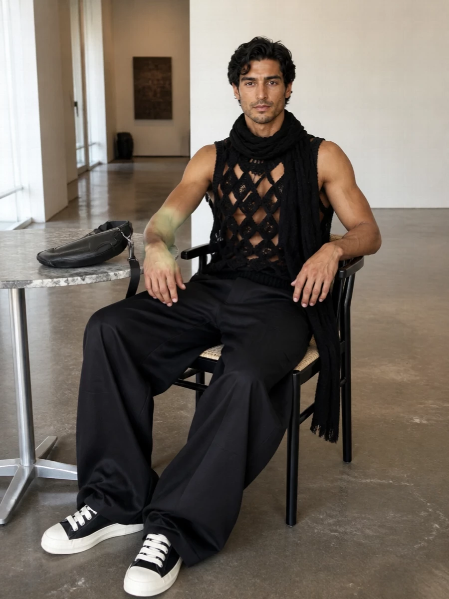 Rick owens black tank wide leg cargo outfit