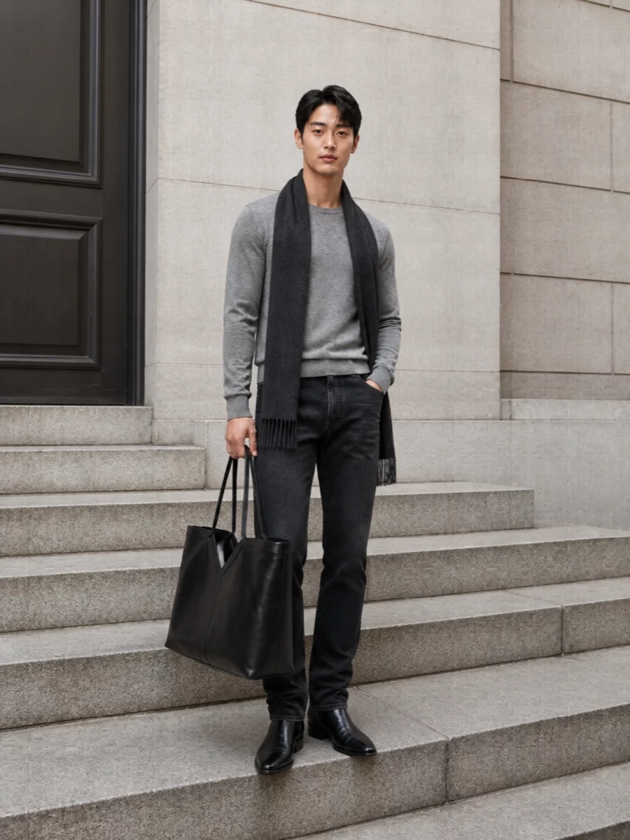 Heather grey knit, washed-black denim and sharp black boots create a quiet, monochrome palette that feels precise but not stiff. The straight-leg silhouette and structured tote keep everything clean and linear, ideal for city days that move from desk to dinner. It is an understated Saint Laurent uniform where texture and cut do the talking instead of logos or color contrast.
