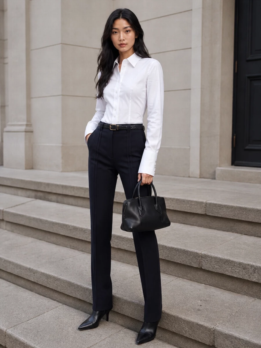 Attico navy tailored pants white shirt outfit
