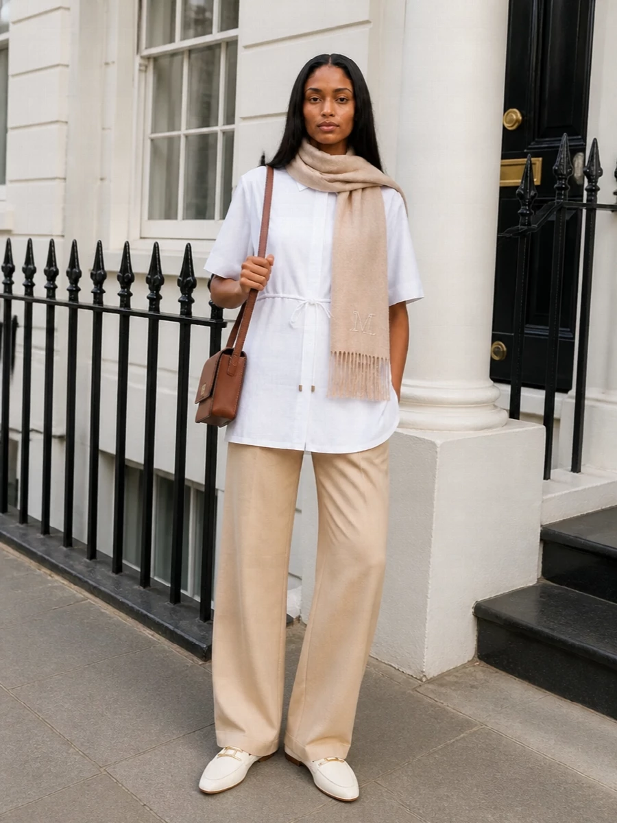 Max mara white tunic camel trousers outfit